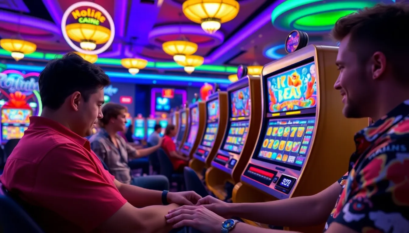 A group of gamers eagerly discusses the latest features of Nolimit City's online games at a gaming convention, surrounded by colorful displays and promotional materials.
