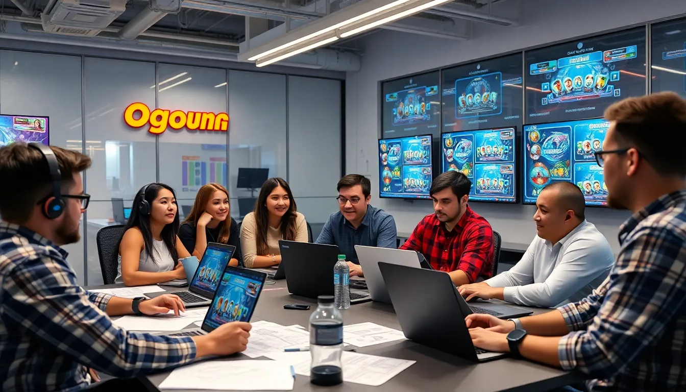 A group of enthusiastic players gathers around a gaming station, eagerly trying their luck on the latest OGong slot machines at a bustling online gaming event.