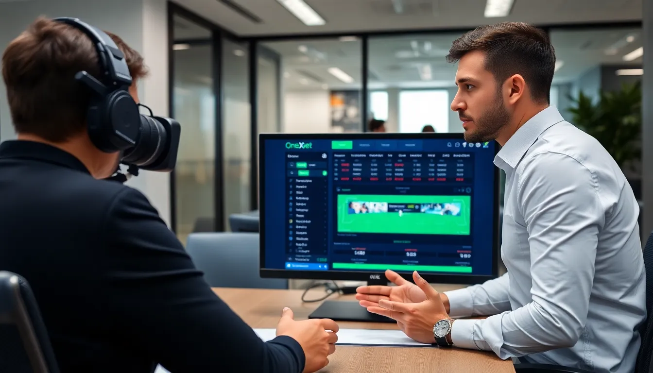 A group of friends excitedly discussing their betting strategies while watching a live sports event, highlighting the social aspect of using 1xBet during major competitions