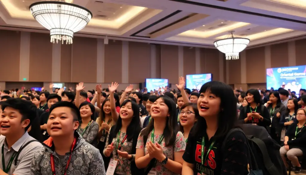 A group of gamers enthusiastically discusses the latest Oriental game services at a bustling gaming convention in February 2026.