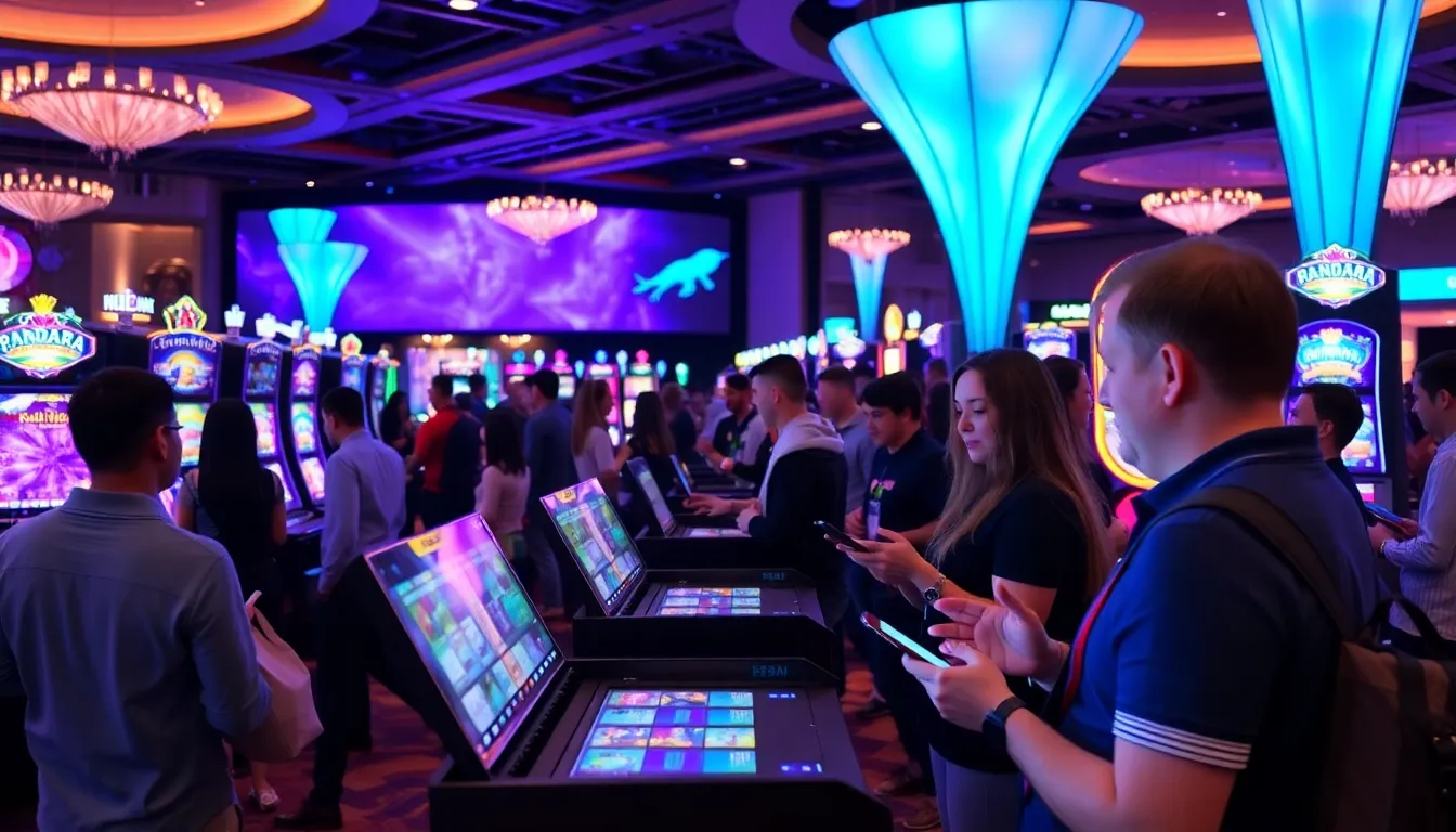 Players engage with various gaming stations at Pandora Casino, showcasing a vibrant atmosphere filled with excitement and anticipation.