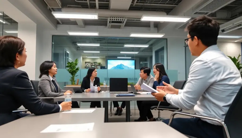 A group of professionals in business attire discusses strategies around a conference table, with a large screen displaying data and charts in the background.