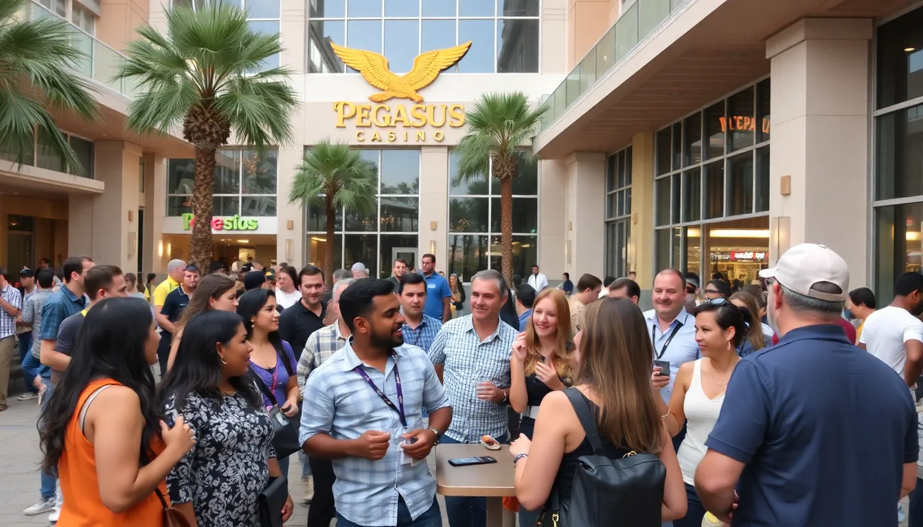 a group of excited players gathered around a virtual reality gaming station at Pegasus Casino, immersed in a new gaming experience that showcases the latest technology.