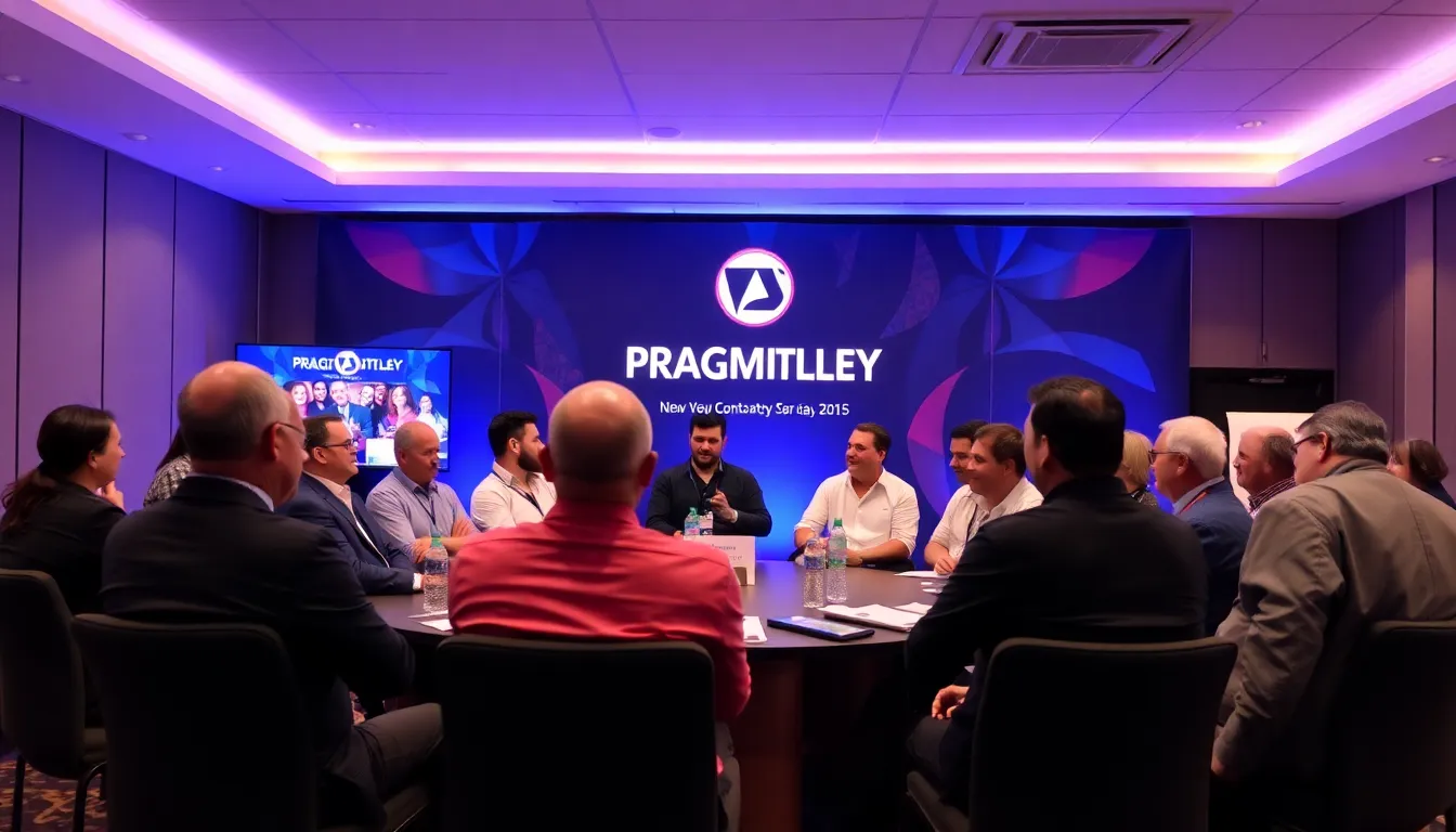 A group of industry professionals discusses the latest trends in online gaming at a conference, with banners displaying the Pragmatic Play logo in the background.