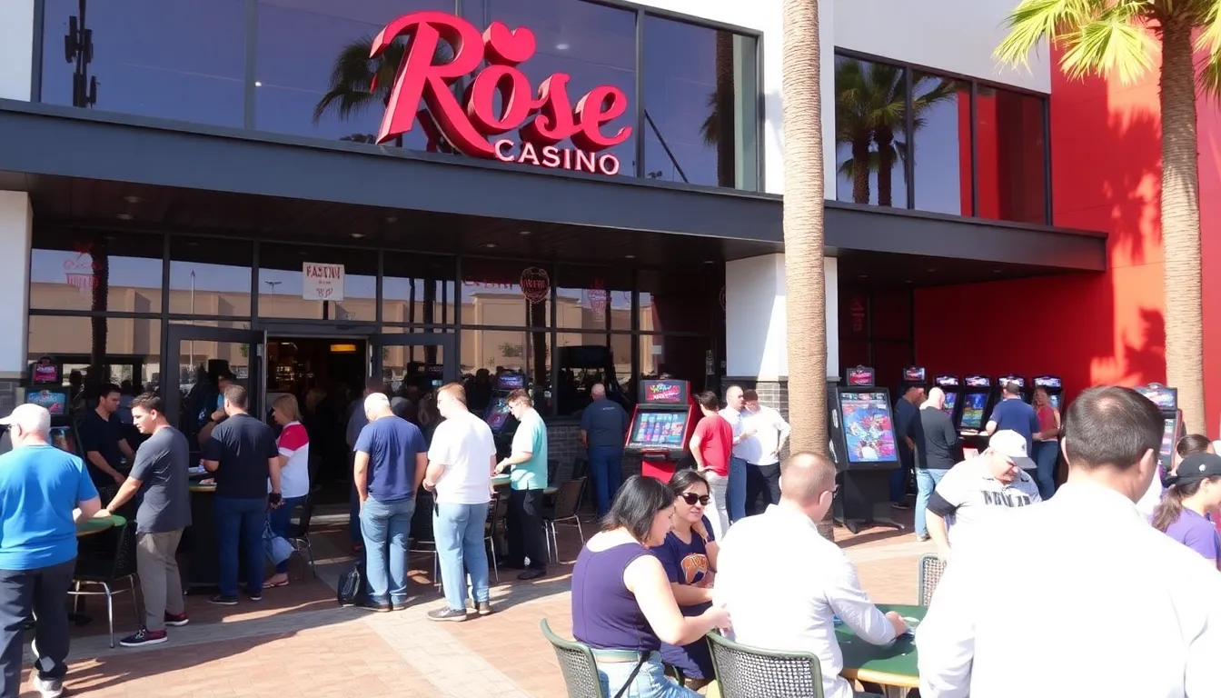 A bustling crowd gathers around the gaming tables at Rose Casino, where players eagerly engage with the latest slot machines and table games amid vibrant lights and lively entertainment.