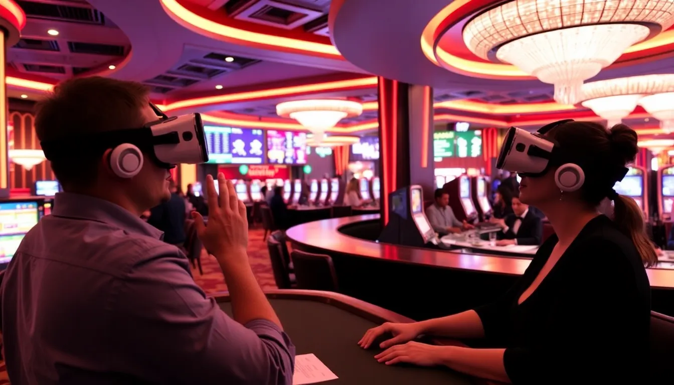 루비카지노에서 플레이어들이 VR 헤드셋을 착용하고 가상의 카지노 내부를 탐험하며 실제 딜러와 상호작용하는 모습이 담겨 있다.