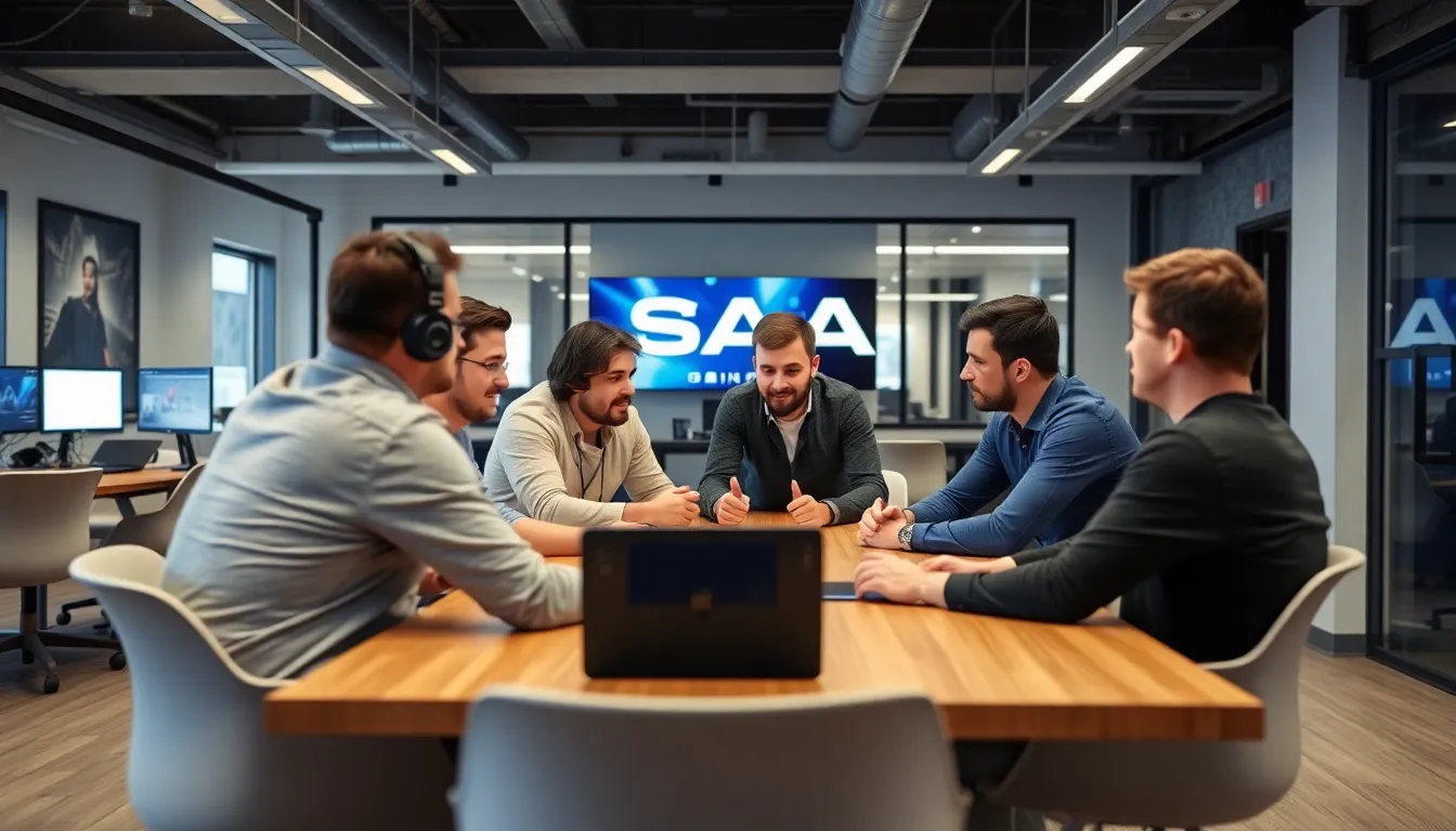 A group of gamers gathered around a table, intensely focused on their screens while discussing strategies for an upcoming online tournament.