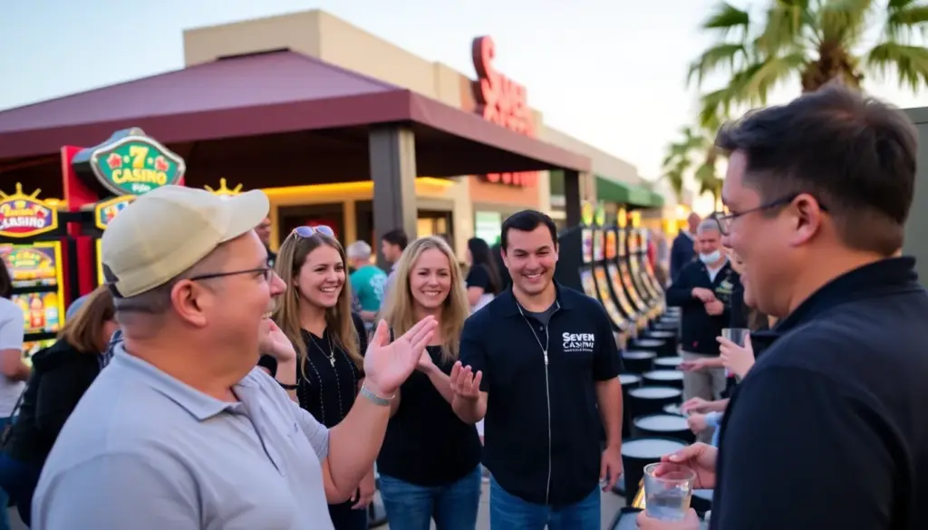 A bustling crowd gathers outside the entrance of Seven Casino, eagerly awaiting its grand opening in March 2026, with colorful banners and promotional displays highlighting the venue's innovative features.