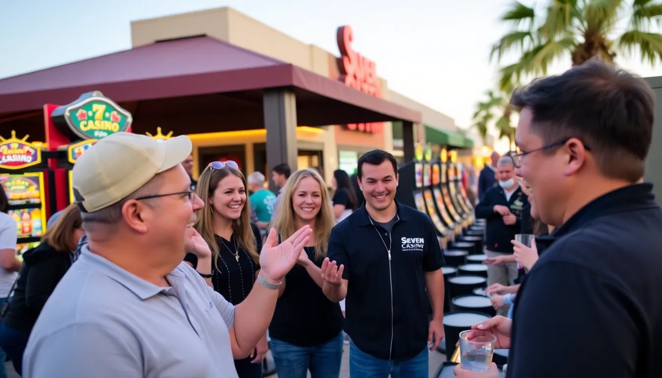 A bustling crowd gathers outside the entrance of Seven Casino, eagerly awaiting its grand opening in March 2026, with colorful banners and promotional displays highlighting the venue's innovative features.