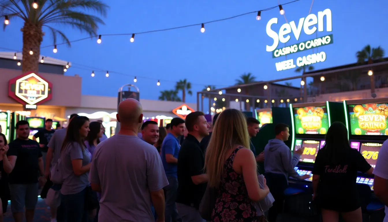 A lively entertainment stage at Seven Casino, set up for a concert with bright lights and sound equipment, ready to host renowned artists and captivating performances