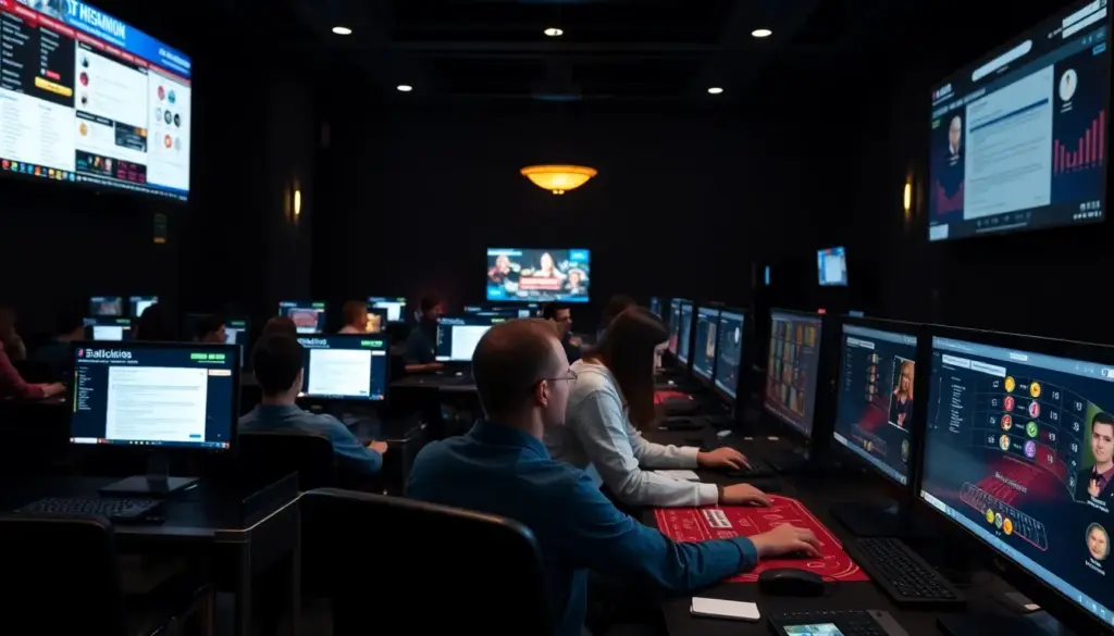 A group of online gamers is gathered around their computers, intently focused on a virtual baccarat table, with colorful graphics and betting options displayed on their screens.