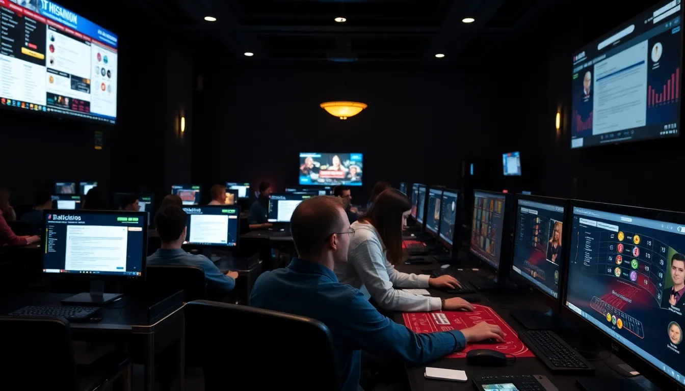 A group of online gamers is gathered around their computers, intently focused on a virtual baccarat table, with colorful graphics and betting options displayed on their screens.