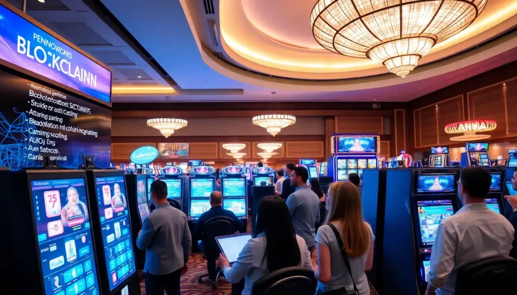 A group of excited players gathers around a futuristic gaming table at Up Casino, engaging with advanced digital interfaces and immersive virtual reality experiences.