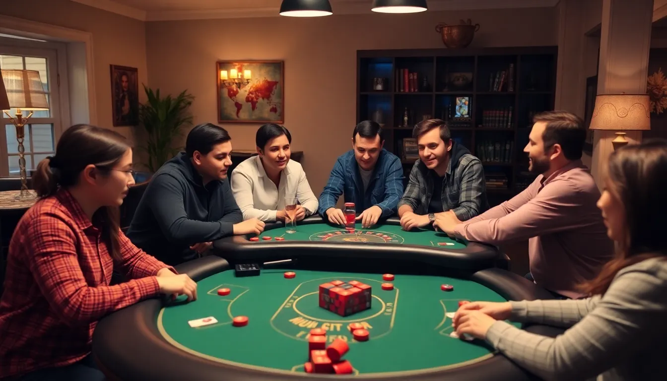 A group of friends gathers around a stylish poker table in a modern living room, laughing and enjoying drinks while playing cards in a cozy home casino setup.