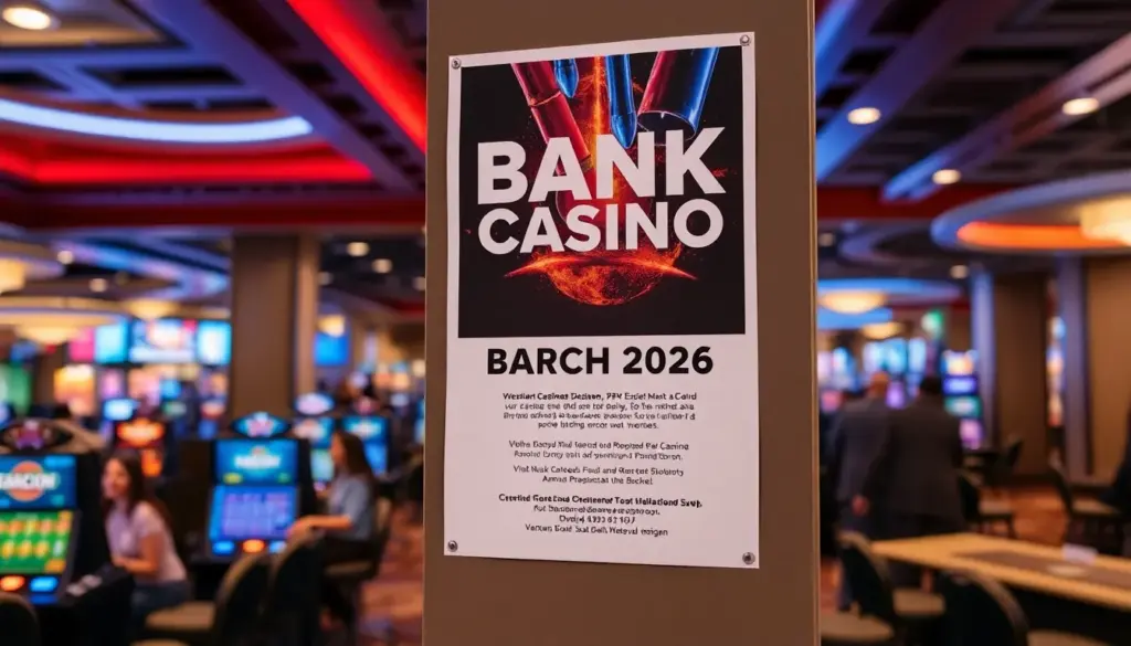 A bustling crowd gathers at Bank Casino, eagerly participating in various gaming events and promotions during the lively atmosphere of March 2026.