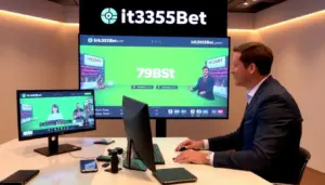 A group of enthusiastic gamblers gathers around a large screen displaying live sports events at a bustling online betting lounge.