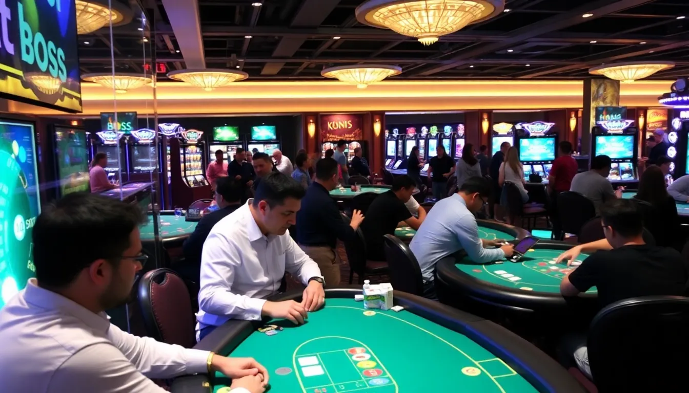 A group of excited players gathers around a digital gaming table at Boss Casino, eagerly engaging in a lively online poker game while discussing the latest trends in virtual gambling.