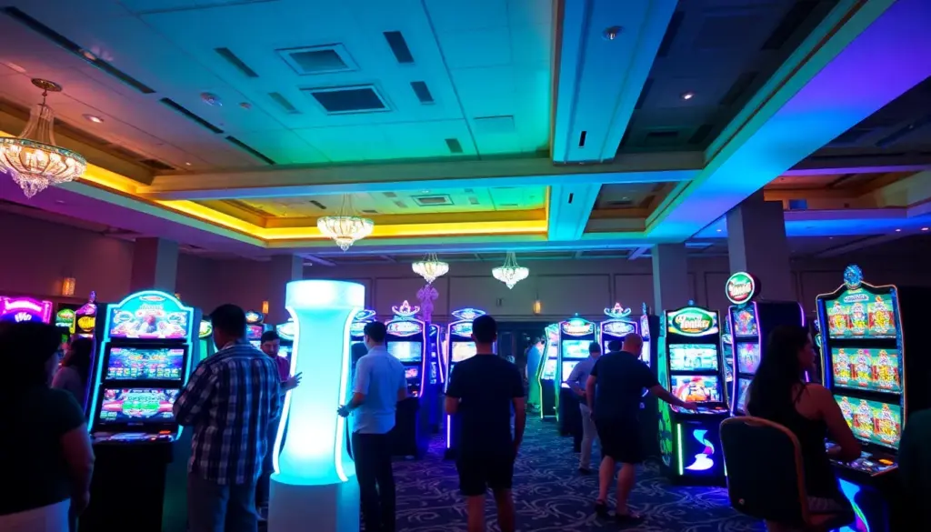A group of excited players gathers around a colorful gaming table at 솜사탕카지노, eagerly engaging with the vibrant digital interface and enjoying the lively atmosphere of the online casino.