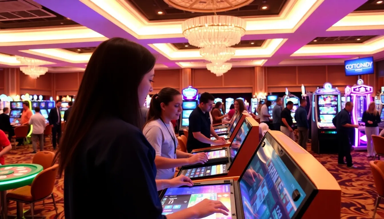 カラフルなスロットゲームが並ぶ「綿あめカジノ」の内部で、楽しむプレイヤーの笑顔が輝いている瞬間