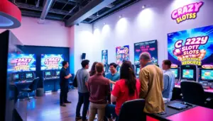 A group of enthusiastic gamers gathers around a large screen displaying the latest Crazy Slot game, their faces illuminated by the colorful graphics and sounds of the gameplay.