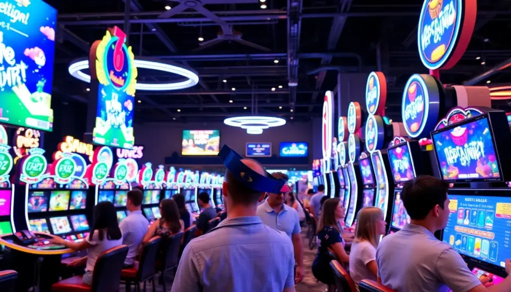 A bustling scene at Daemul Casino shows players engaged with the latest gaming machines and tables, highlighting the excitement of new releases and promotions in April 2026.