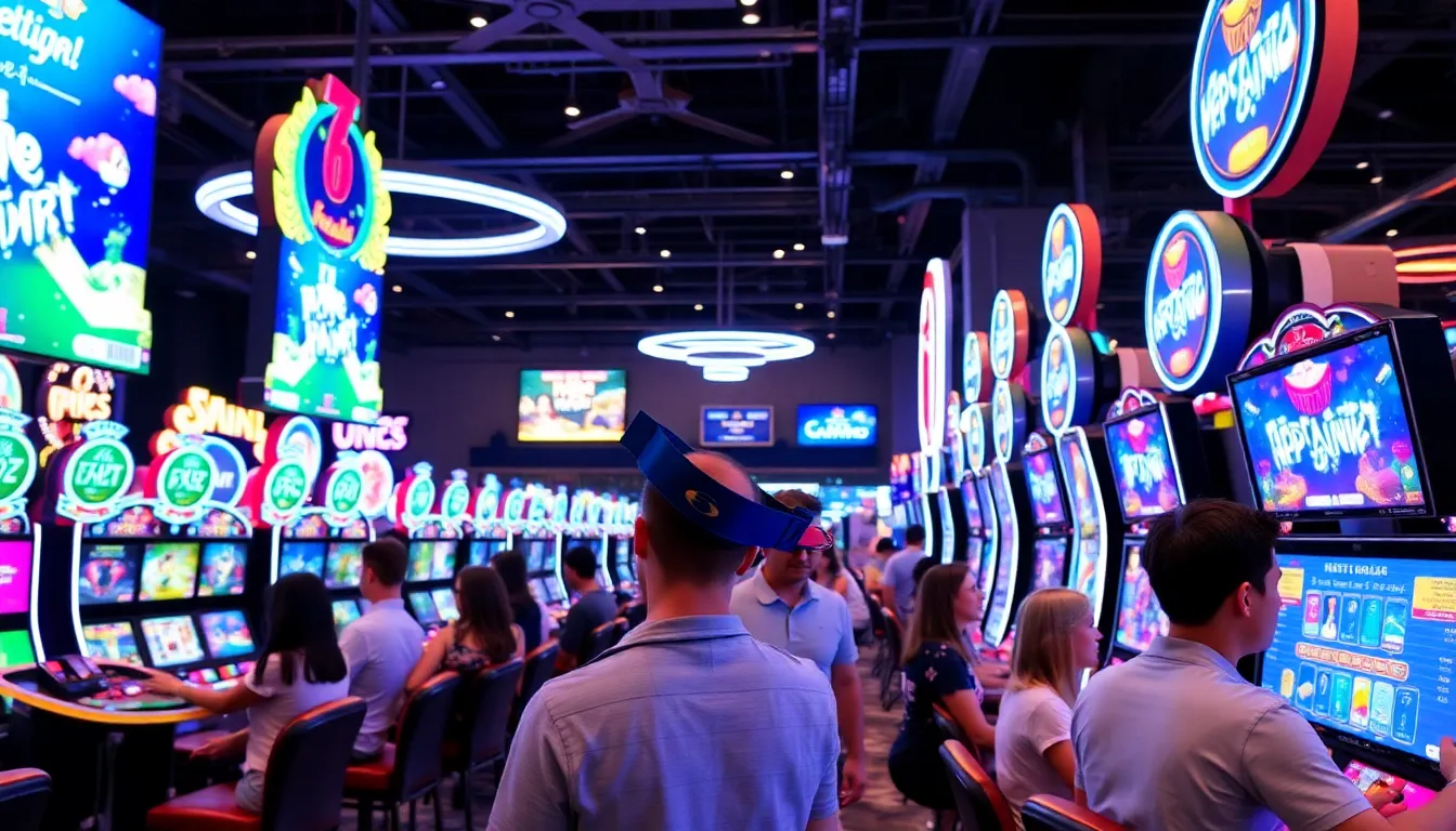 A bustling scene at Daemul Casino shows players engaged with the latest gaming machines and tables, highlighting the excitement of new releases and promotions in April 2026.