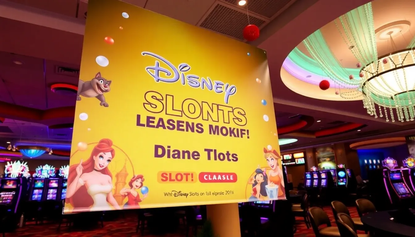 A group of excited players gathers around a slot machine adorned with colorful Disney characters, eagerly watching as the reels spin in a lively casino setting.