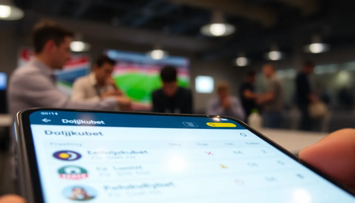 A group of enthusiastic sports fans gathers around a large screen in a lively bar, eagerly watching a live sports event while discussing their betting strategies for the upcoming matches.