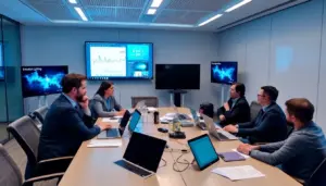 a bustling tech conference, attendees engage in discussions about the future of technology while examining interactive displays showcasing advancements in artificial intelligence and cloud computing.