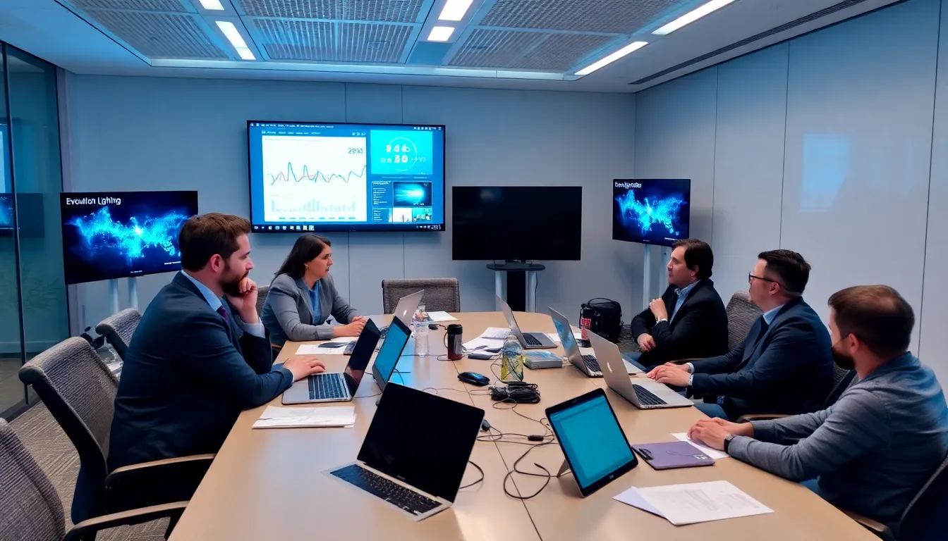 a bustling tech conference, attendees engage in discussions about the future of technology while examining interactive displays showcasing advancements in artificial intelligence and cloud computing.