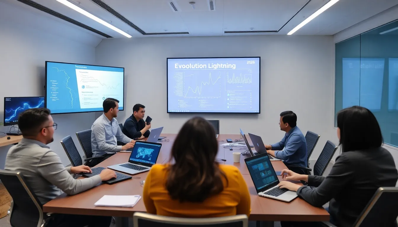 A telecommunications team monitoring realtime data analytics on screens, illustrating the application of Evolution Lightning to optimize network performance and improve service quality
