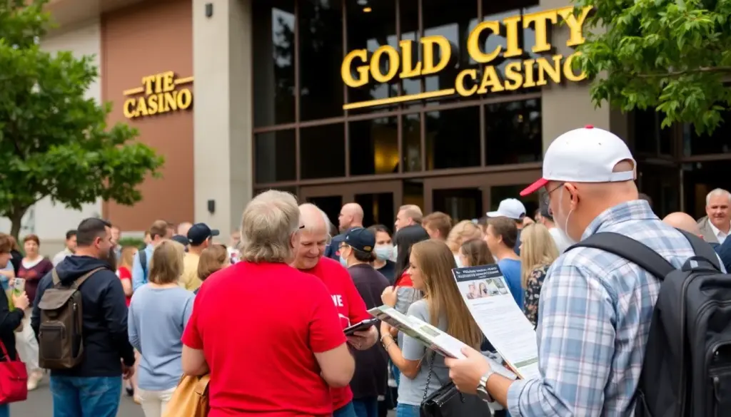 Crowds of excited visitors gather around gaming tables at Gold City Casino, eagerly participating in various events and promotions during the busy March 2026 weekend.