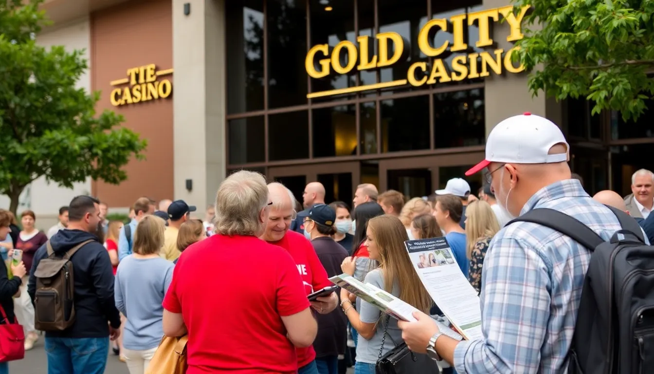 Crowds of excited visitors gather around gaming tables at Gold City Casino, eagerly participating in various events and promotions during the busy March 2026 weekend.