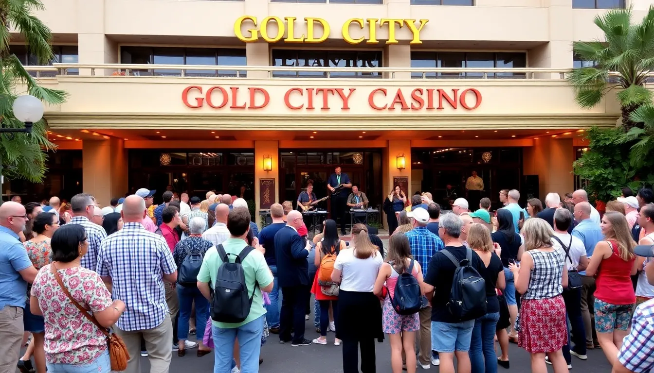 Crowds gather outside the newly constructed Gold City Casino, eagerly awaiting its grand opening with banners and decorations celebrating the event.