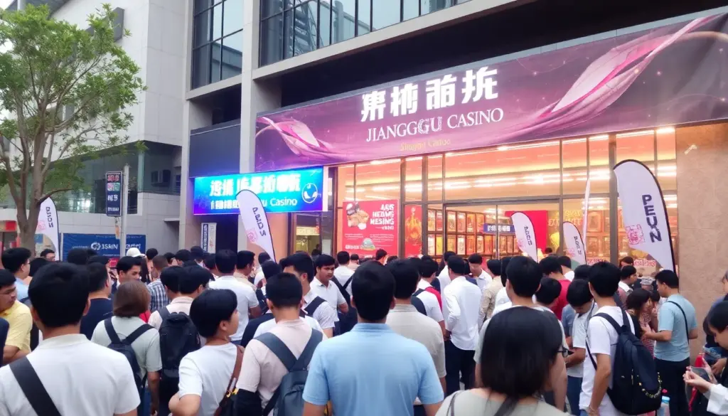 A bustling crowd gathers outside the newly opened Changu Casino, eagerly awaiting its grand launch in April 2026.