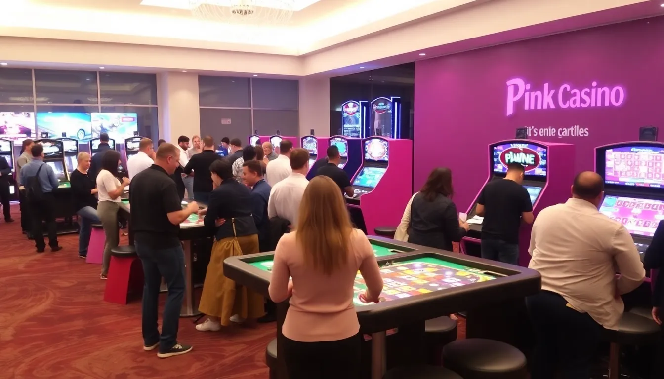 A group of enthusiastic players gathers around a gaming table at Ping Casino, eagerly engaging with the latest slot machines and table games in a vibrant atmosphere.