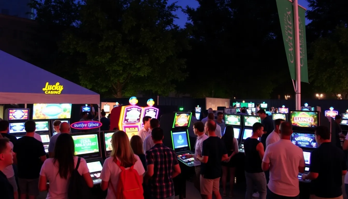 A group of excited players gathers around a digital gaming table at Lucky Casino, celebrating a recent win while colorful lights and screens illuminate the vibrant atmosphere.