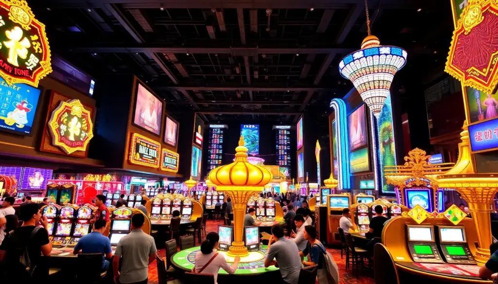 crowds of tourists gather outside a lavish casino in Macau, illuminated by bright neon lights and bustling with excitement as they prepare to enter the gaming floor.