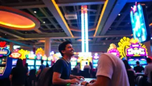 Crowds of excited visitors gather outside a newly opened casino in Manila, eagerly anticipating their entry into the vibrant gaming venue.