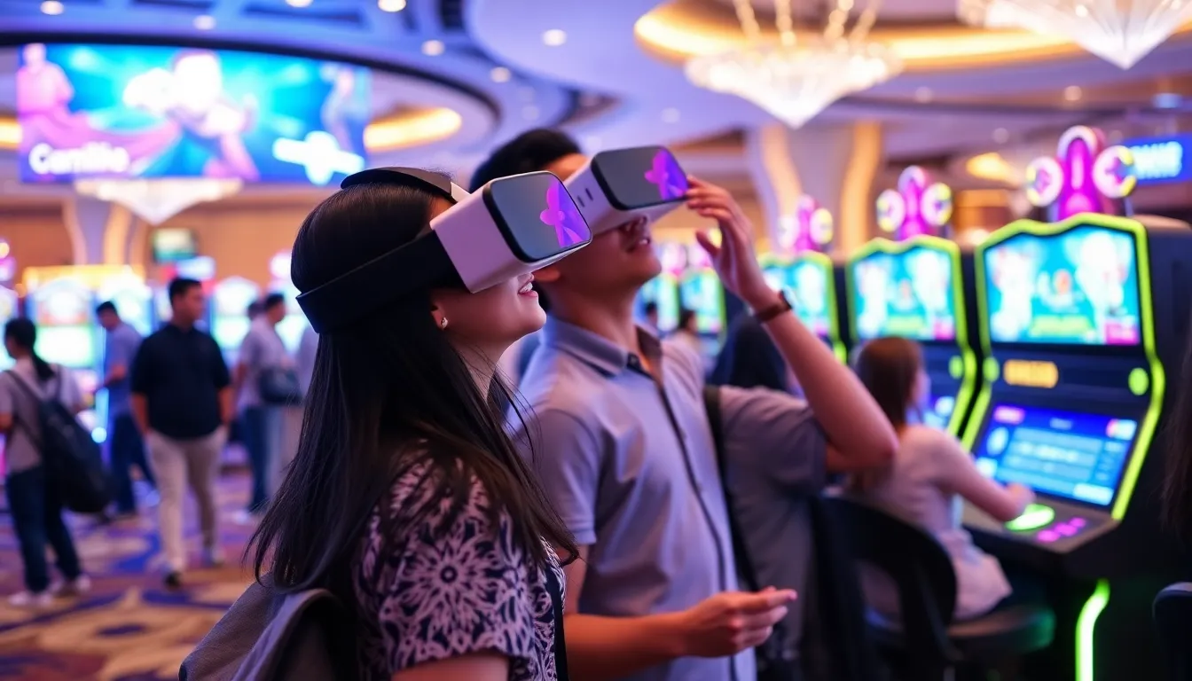 A luxurious casino lobby with modern decor and welcoming staff, highlighting the upscale amenities available to visitors in Manila's top gaming establishments