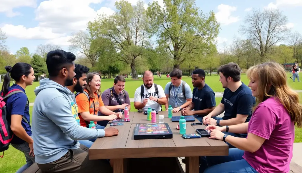 A group of enthusiastic gamers gathers around a large screen, eagerly discussing the upcoming features of the Mega Slot platform set to launch in April 2026.