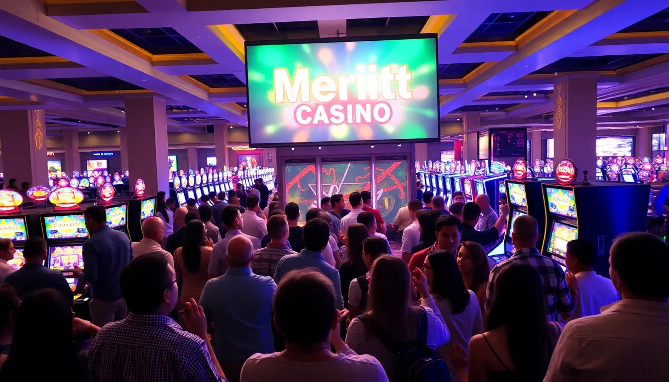 A bustling casino floor filled with players engaged in various games, showcasing the vibrant atmosphere and excitement of online gaming as Merit Casino prepares for its upcoming launch in April 2026.
