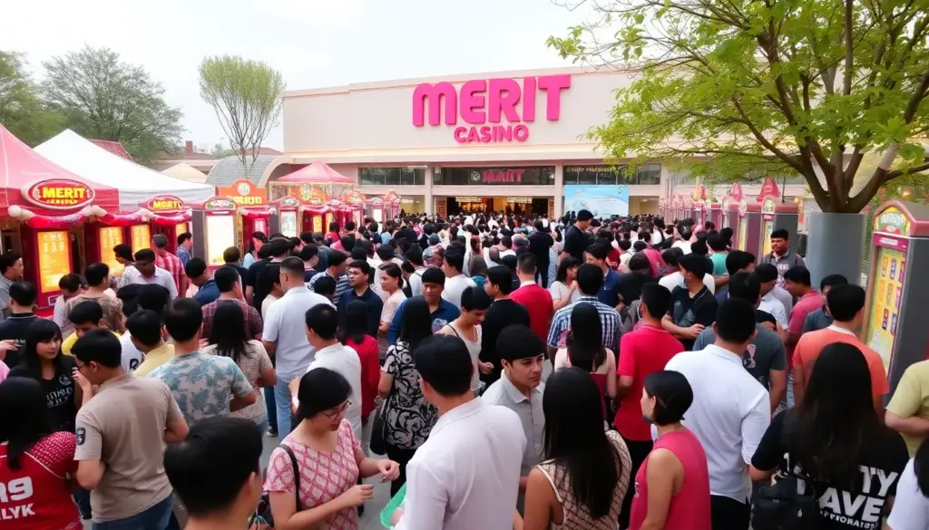 A bustling scene at Merit Casino in March 2026 shows players engaged in various games, surrounded by vibrant lights and promotional banners highlighting the latest events and rankings.