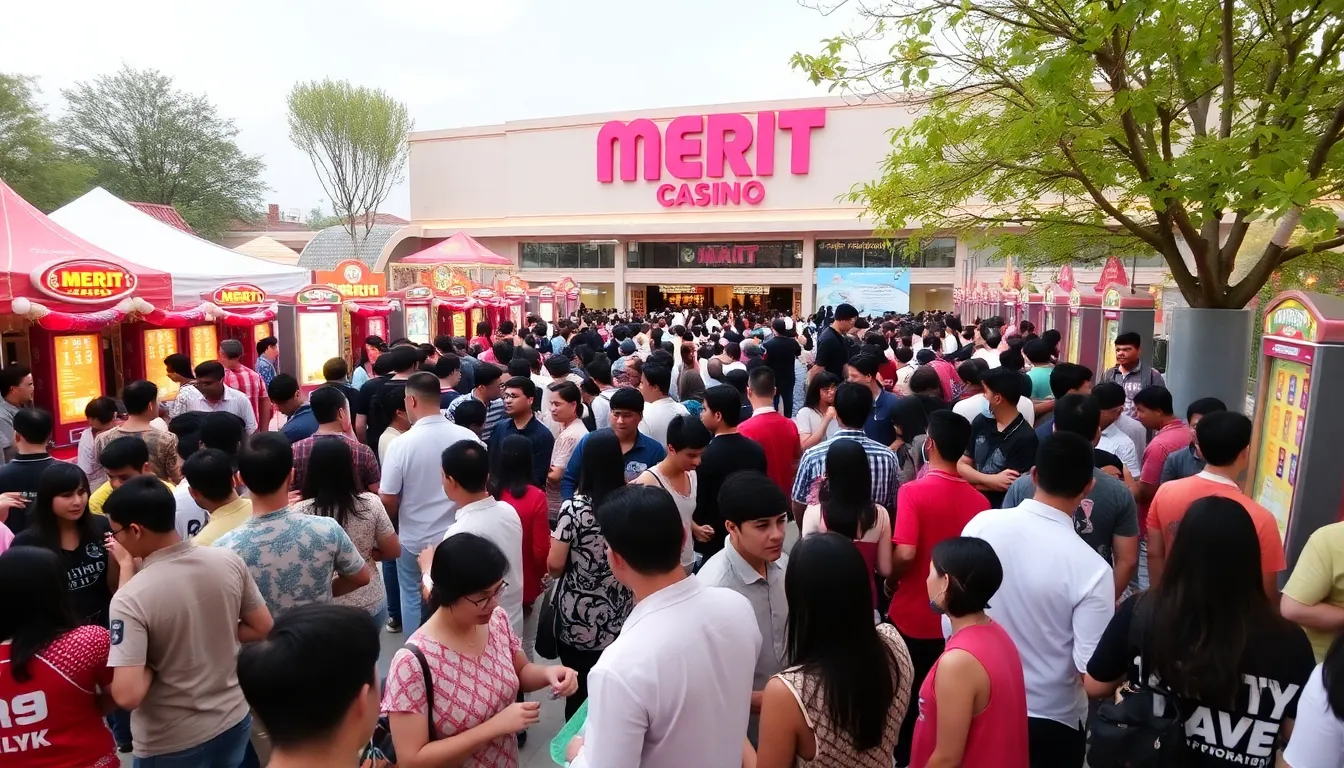 A bustling scene at Merit Casino in March 2026 shows players engaged in various games, surrounded by vibrant lights and promotional banners highlighting the latest events and rankings.