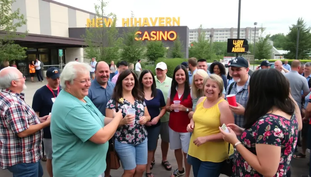 A bustling scene at New Haven Casino showcases excited visitors engaging in various gaming activities amidst luxurious surroundings and vibrant decor.