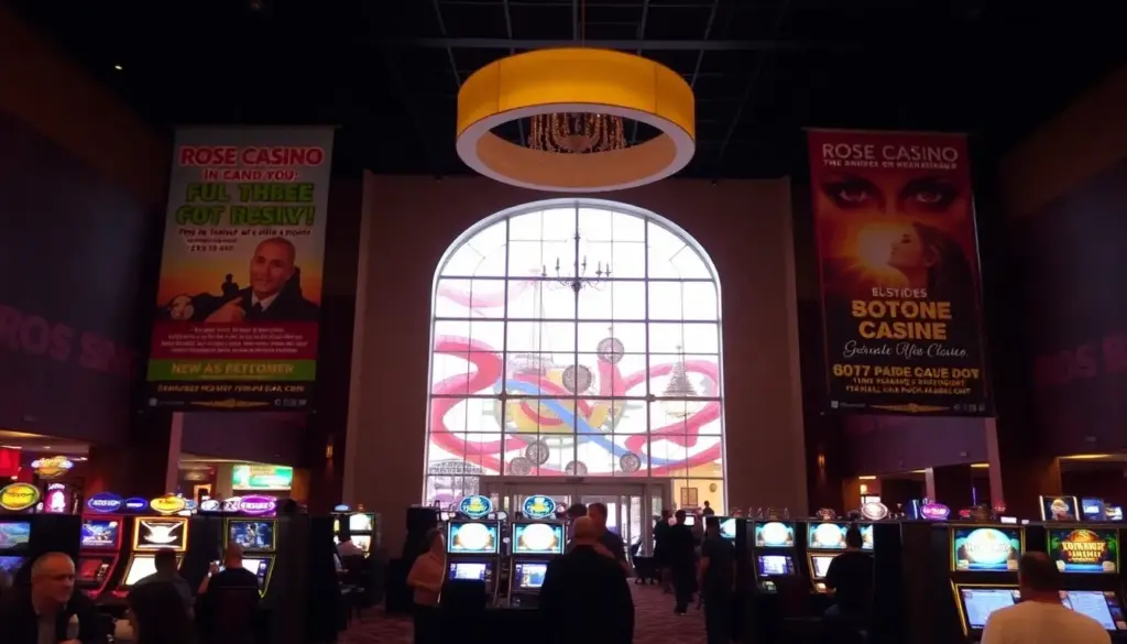 A bustling crowd gathers outside the Rose Casino, eagerly discussing the latest gaming trends and upcoming events as colorful banners promote the venue's March 2026 rankings.