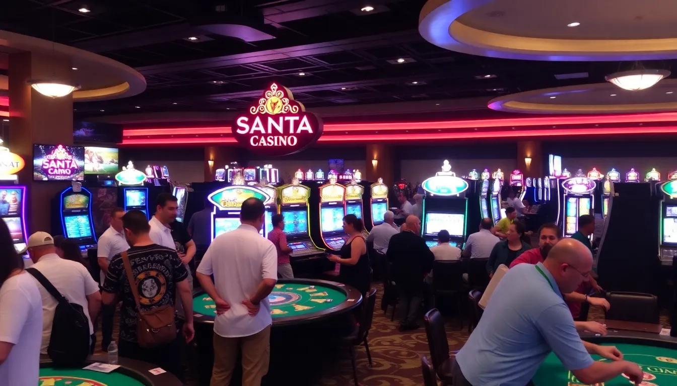 Crowds gather outside Santa Casino, eagerly anticipating the start of a vibrant event filled with lights and entertainment.