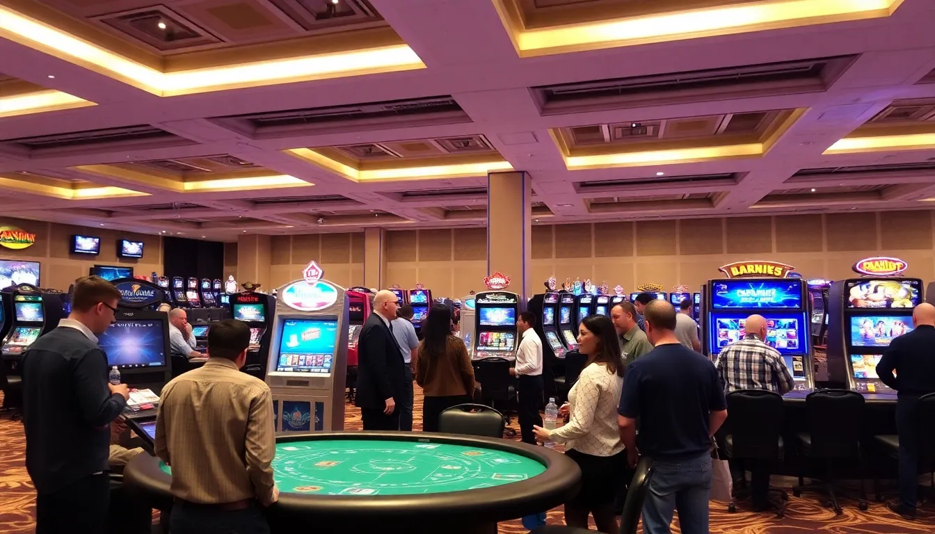 A group of enthusiastic players gathers around a gaming table at Seven Casino, eagerly discussing recent updates and strategies while enjoying the vibrant atmosphere of the venue.