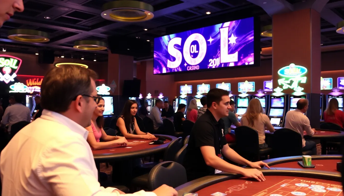 A bustling online gaming platform showcases players engaging with various games while enjoying innovative features and promotions at Sol Casino.