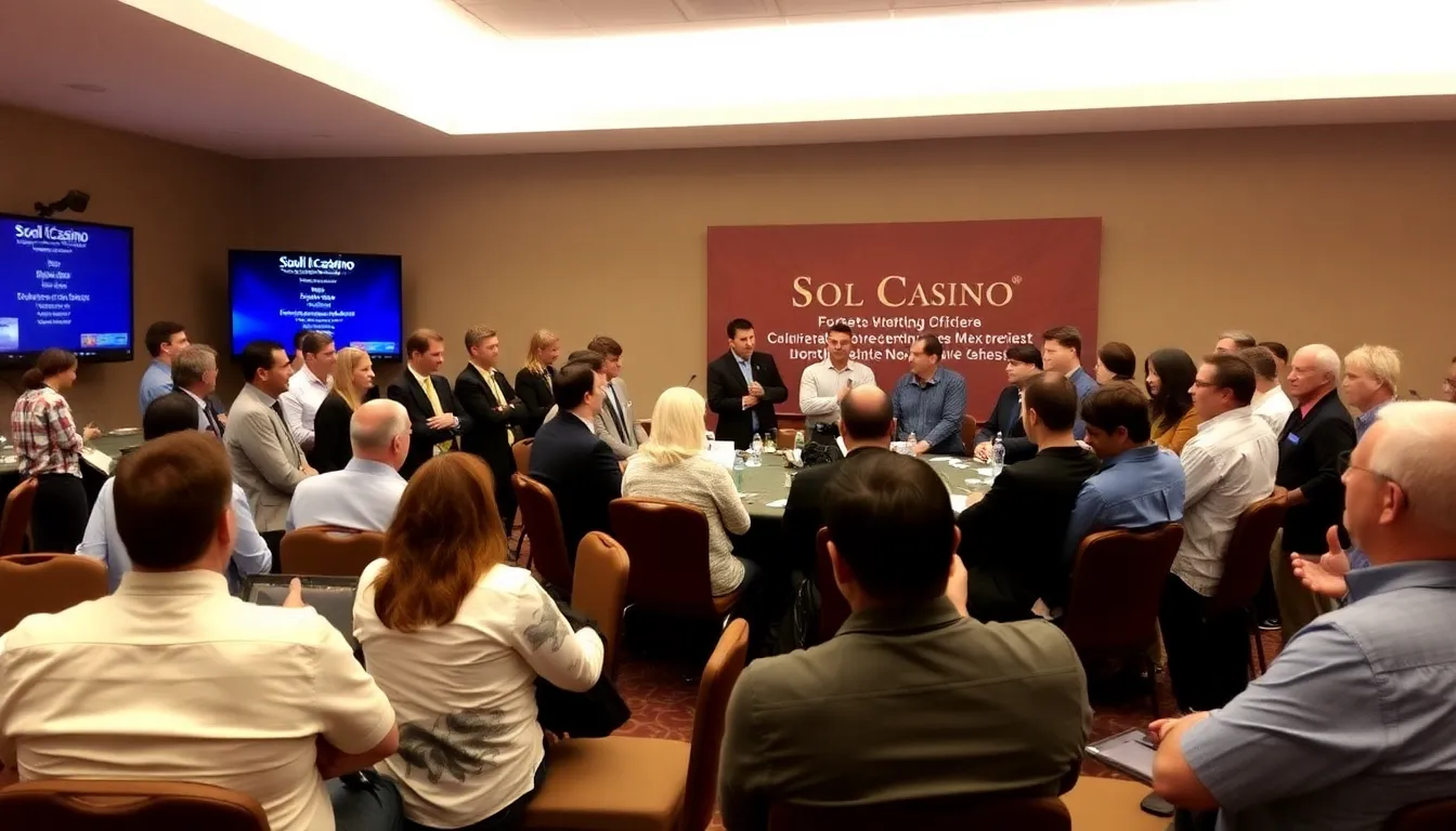 A group of enthusiastic players gathers around a gaming table at Sol Casino, eagerly participating in a live tournament while colorful lights and digital displays create an energetic atmosphere.